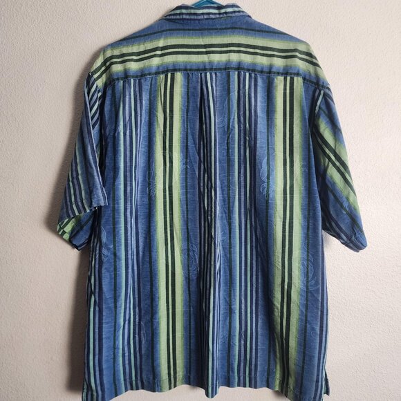 Tommy Bahama Shirt Mens Large Blue Green 100% Silk Relax Striped Hawaiian Camp - Picture 9 of 12